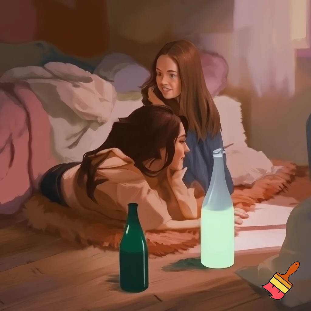 2 girls in there bedroom on the floor with 2 bottles of alchol