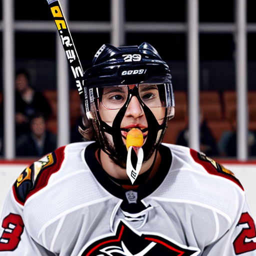 hawk with a hockey stick in his mouth
