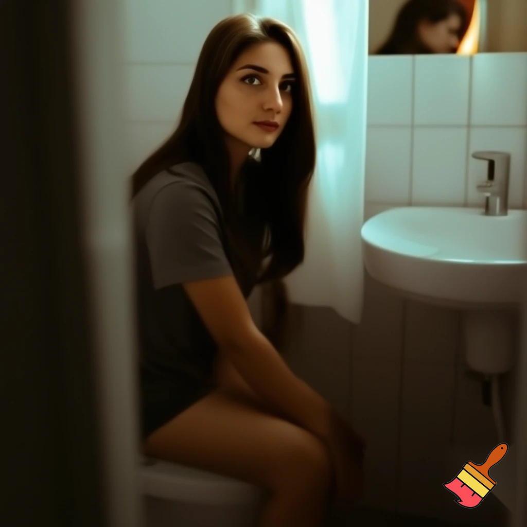 Attractive woman sitting on a toilet 