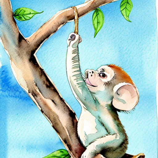 “Small monkey stuck on a tree branch, baby elephant looking up, watercolor children’s book style”