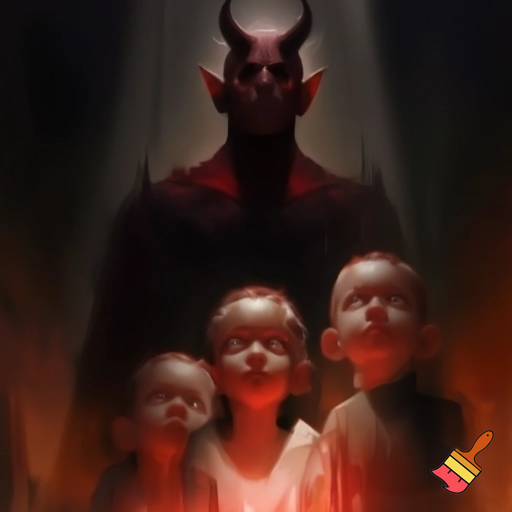 Male devil standing behind two kids