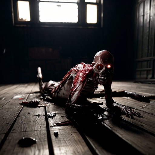 "Ultra-realistic cinematic still from Lucio Fulci's 1980 horror film City of the Living Dead, a horribly decayed and mutilated human corpse lying on a filthy wooden floor in a dark, abandoned building, extreme putrefaction and advanced decomposition, the body is bloated and ruptured with exposed glistening wet viscera, intestines, muscle tissue and sinews spilling out, dark clotted blood and viscous fluids everywhere, slimy translucent maggots and worms crawling over the rotting flesh, skin peeled back in wet strips, one leg partially severed and twisted at an unnatural angle with exposed bone, the corpse is covered in thick shiny slime and dark grime, dramatic low-key horror lighting with harsh shadows, wet reflective surfaces, gritty dirty textures, muddy wooden planks and debris scattered around, extremely detailed gore, photorealistic, hyper-detailed, 35mm film grain, cinematic color grading with desaturated tones and sickly greenish-pink hues, shot on Kodak Vision3, horror movie practical effects style --ar 16:9 --stylize 250 --v 6"