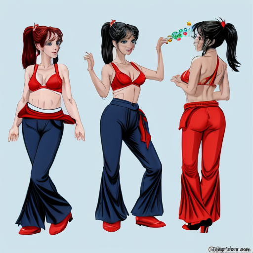 90's disney's 2d aladdin style comic dark blue background and panels of panel 1 giant bubble that transforms into a black haired ponytail woman with blue skin, blue harem pants red bra and red sash and red curved slippers. 
Panel 2 the blue skinned black haired ponytail woman with blue harem pants red bra and red sash and red curved slippers then blows a second bubble that transforms into another black haired ponytail woman with blue skin,blue harem pants, red bra and red sash red curved slippers. 
Panel 3 then the second black haired ponytail blue skinned woman with blue harem pants and red bra and red sash and red curved slippers blows a third bubble that transforms into the third black haired ponytail woman with blue skin, blue harem pants and red bra and red sash and red curved slippers. 
Panel 4 and then the third black haired ponytail woman with blue skin, blue harem pants and red bra and red sash and red curved slippers then blows a fourth bubble that transforms into the fourth black haired ponytail woman with blue skin blue harem pants and red bra and red sash and red curved slippers. 
Panel 5 Then the four black haired ponytail women with blue skin , blue harem pants, red bra and red sash and red curved slippers then raising their arms together and swaying their hips. 
Panel 6 then the belly bugles of the four black haired ponytail Women with blue skin, blue harem pants, red bra and red sash and red curved slippers merging and fusing together and swelling.