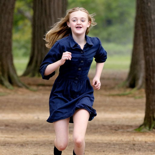 Dakota Fanning, young actress, her dress is torn, she is running through a wood