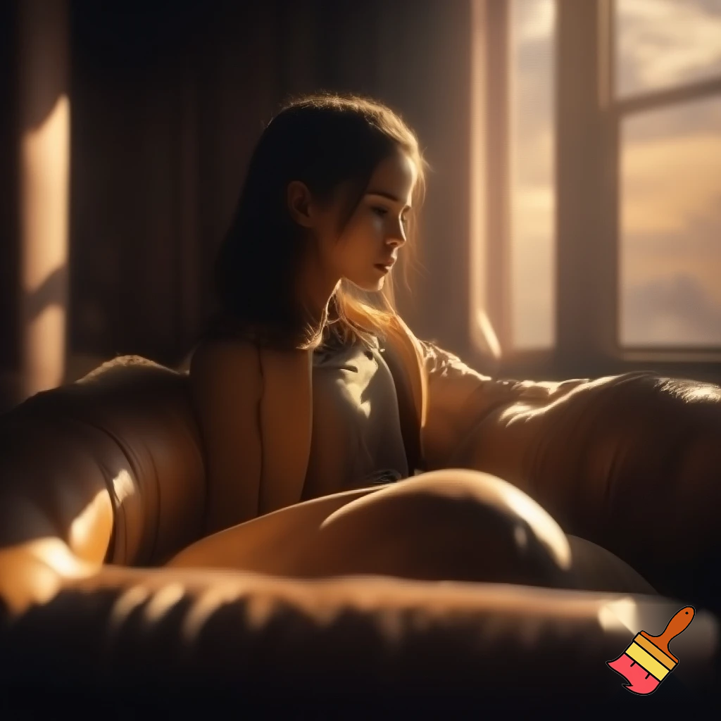 "A young person sitting elegantly on a luxurious sofa in a cinematic living room, warm golden-hour lighting streaming through large windows, soft shadows, dramatic depth of field, ultra-realistic textures, cozy yet epic atmosphere, cinematic composition, high detail, 8K resolution.