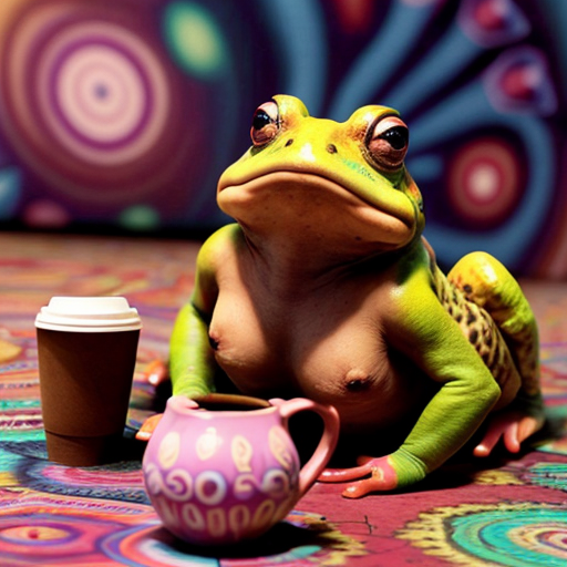 A hillarious, funny boho toad with some hippie colored coffee cups. Psychedelic decorated background.