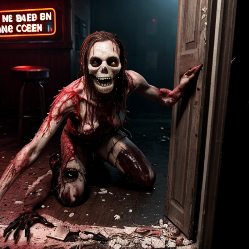 a dimly lit, smoke-choked dive bar plunged into chaos as rotting, Fulci-style zombies burst through the shattered front door and windows. Their decayed faces glisten with wet, stringy gore, eyeballs milky-white or dangling from sockets, as they lurch forward with grotesque hunger. A bartender’s head is halfway torn off, arterial spray arcing across the neon beer signs, while a patron screams mid-bite, intestines spilling from a zombie’s fist like wet rope. Glass shards and broken stools litter the sticky floor, now slick with blood and spilled liquor. One zombie’s jaw hangs by a tendon, its teeth buried in a biker’s neck as he futilely tries to shove it off, his fingers sinking into its putrid flesh. The lighting—sickly green and flickering—casts everything in a nightmarish glow, amplifying the visceral horror of entrails, shattered teeth, and the gleam of exposed bone