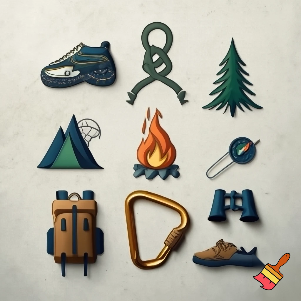 icons of nature exploration : climbing shoe, figure 8 knot, fir tree, mountain, campfire, tent, carabiner, compass, backpack, world map, hiking shoe, binoculars
