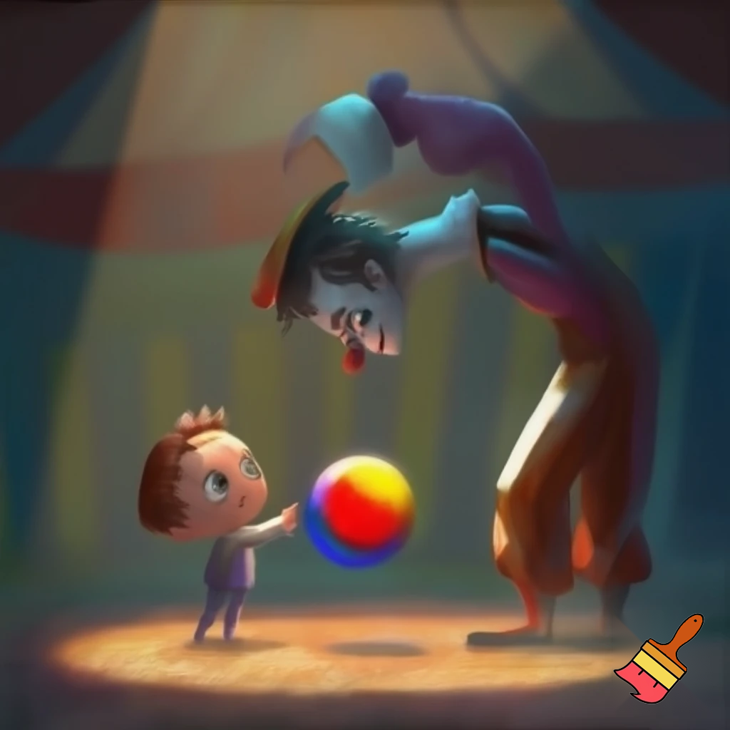 A child reaches out to give the sad circus clown his ball.