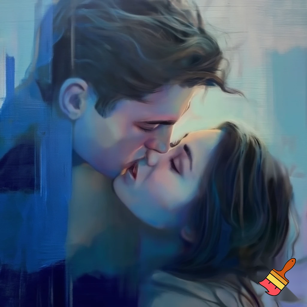 oil painting romantic couple man and woman with a long hair love blue and grey modern abstract
