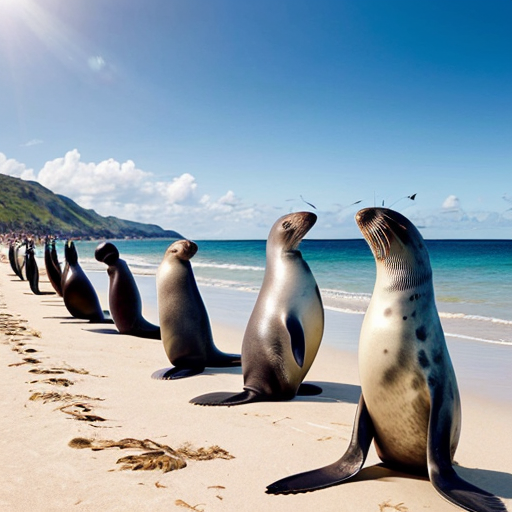 generate me an image of a beach full of happy Neil the seals with unlimited fish as food