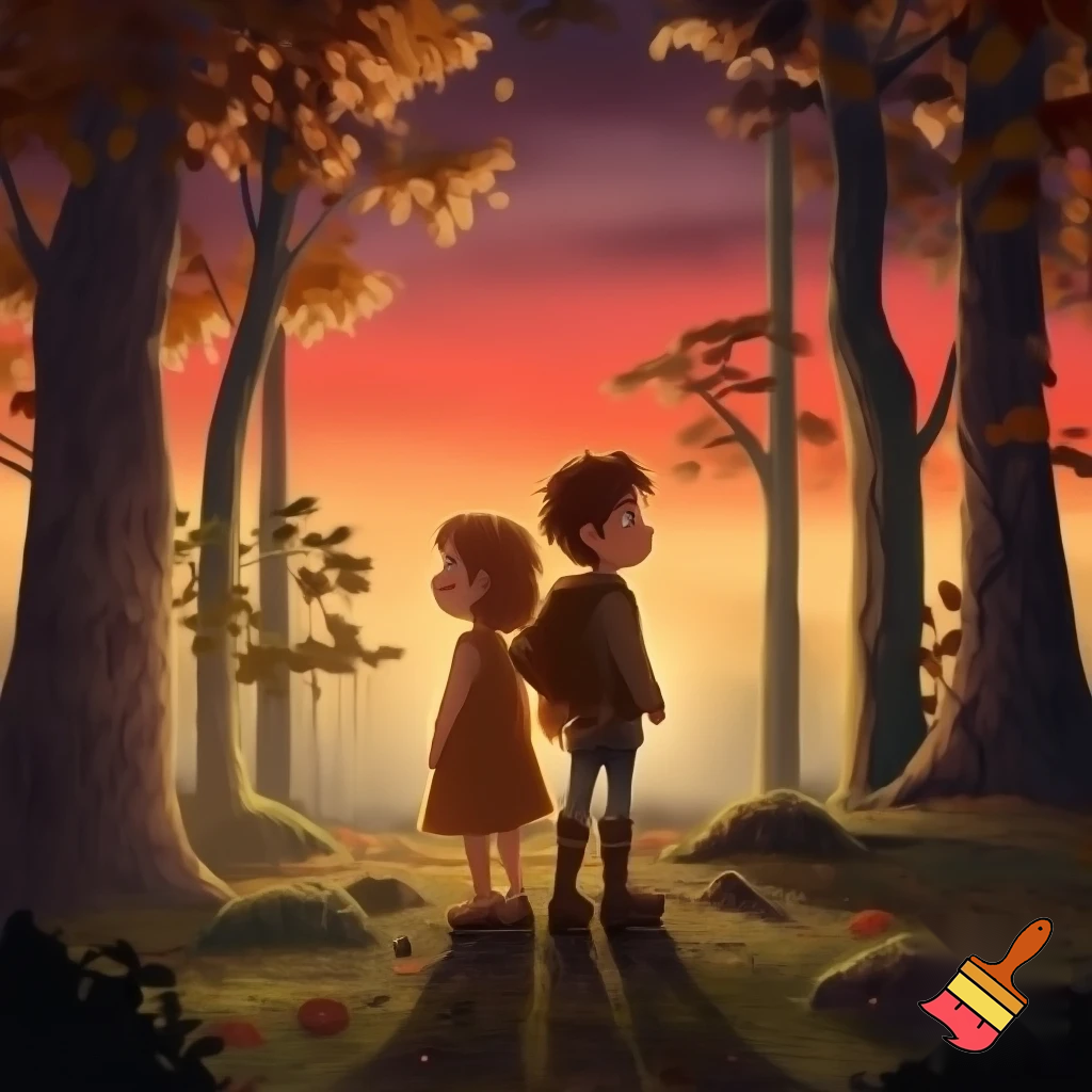 One girl one boy kids in a forest back to back in a sunset