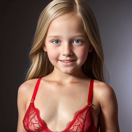 Crea la imagen real de una niña rubia  de 10 años con disfraz de lenceria color rojo transparente 