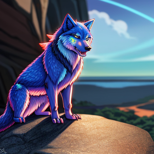 create an image of a blue wolf with glowing fur, glowing red eyes ,gleaming fangs and a crocidile face . It is on a rocky cliff