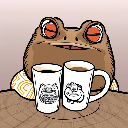A hillarious, funny boho toad with some hippie colored coffee cups. Psychedelic decorated background. Pop hard style.