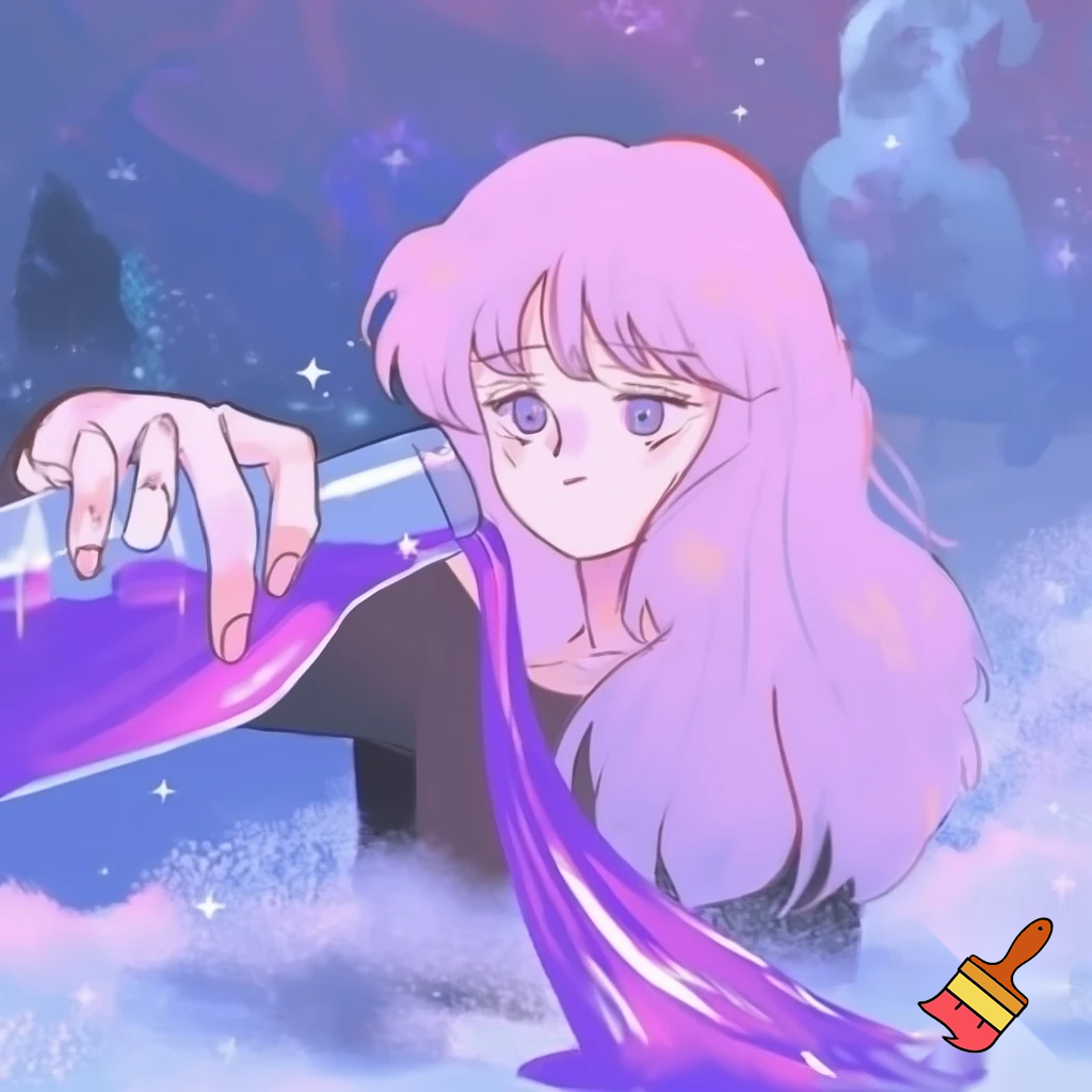 Anime girl pouring lean  out of codiene bottle in ethereal setting in 90s anime art style 