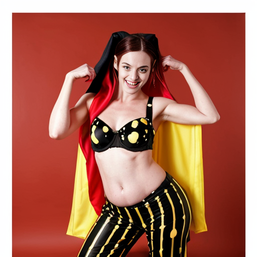 90's disney's 2d aladdin style comic black background and panels of 
panel 1 Harley Quinn with light black and red striped harem pants and bra and black and red curved slippers with both hand palms place together and hiding the bottom of her mouth with a light black and red striped veil wrapped around her arms and shoulders. 
panel 2 she danced with light black and red striped harem pants with light black and red striped bra and red and black curved slippers and with light black and red striped veil wrapped around her arms and shoulders and raising legs and bounced up and down her belly and shook her hips left and right. 
panel 3 as Harley Quinn with light black and red striped harem pants and bra and red and black curved slippers and with red and light black striped veil wrapped around her shoulders and arms and spreading her arms, happily revealing her face to the viewer and giving a smile as she shook her belly left and right. 
Panel 4 Harley Quinn with light black and red striped harem pants and bra and black and red curved slippers and with light black and red striped veil wrapped around her shoulders and arms has started to fading away , except her belly, which is bouncing around and growing. 
Panel 5 then the ball transforms into the fading in belly of Giant red haired giganta barefoot with dark yellow spotted yellow harem pants and bra and dark yellow spotted yellow veil wrapped around her arms and shoulders with her swaying her hips. 
Panel 6 red haired giganta barefoot with dark yellow spotted yellow harem pants and bra and dark yellow spotted yellow veil wrapped around her arms and shoulders then she is flexing her muscled arms. 