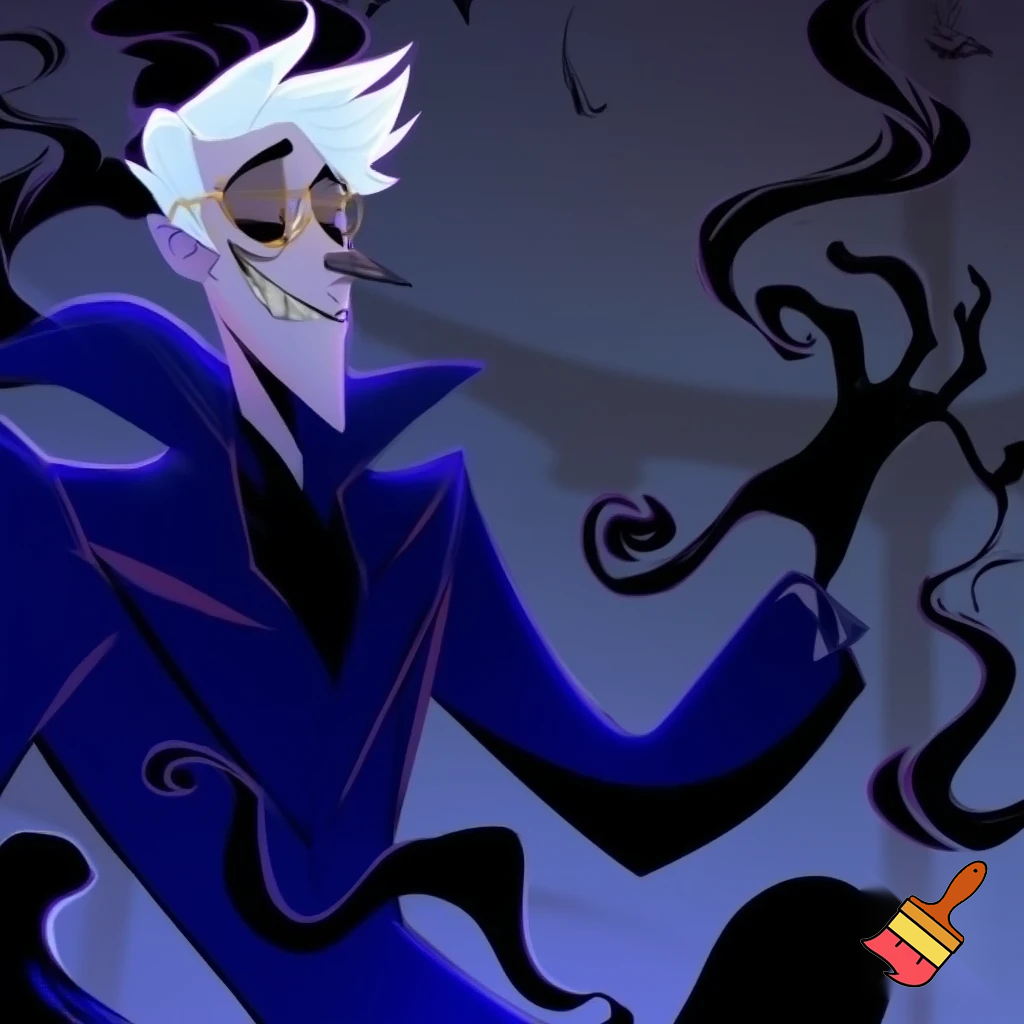 A tall, lean pale man with white hair, distinctive round brass glasses he has a stern look on his face. his face In cartoonish art style of hazbin hotel wearing his signature blue overcoat with black sinister smoke curling around him his hand reaching out, producing the black sinister smoke