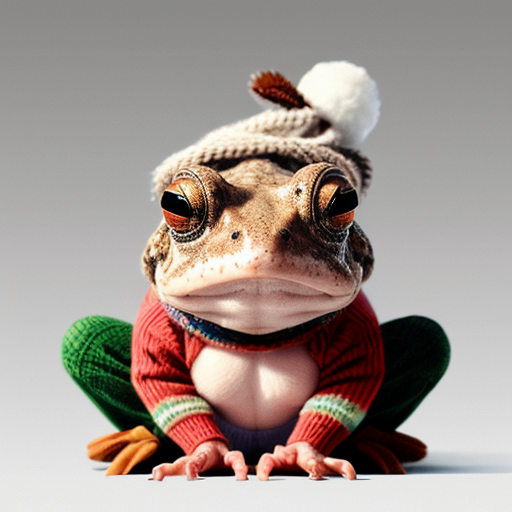 A laughable, puzzled animal toad in woolen, multicoloured winter clothings with woolen winter cap. Hyperrealistic art style.