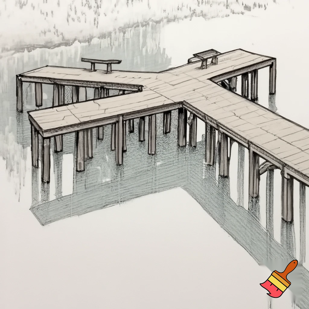 A construction sketch of a dock with 18 pilings and a T shaped end with two benches over a small pond