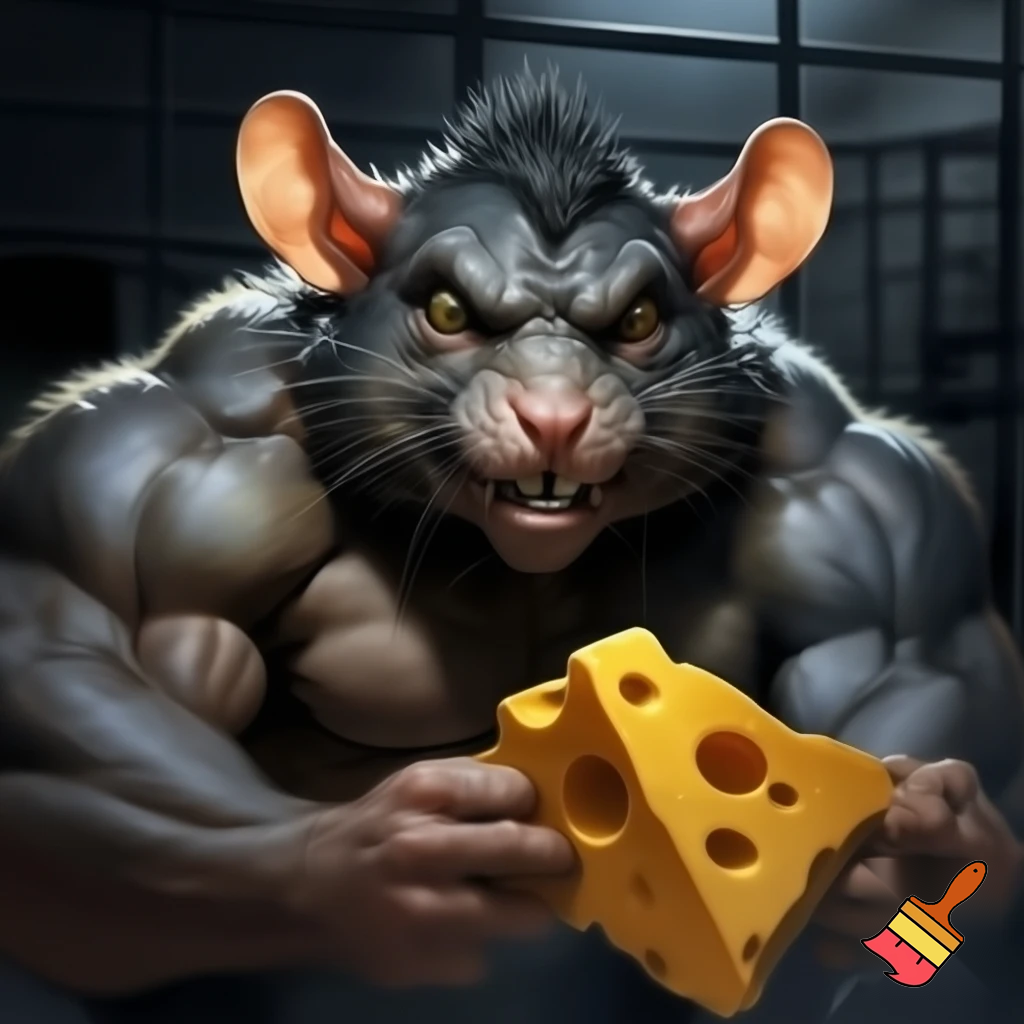 mugshot, rat buff,  cheese in hand, sinister evil smirk rat