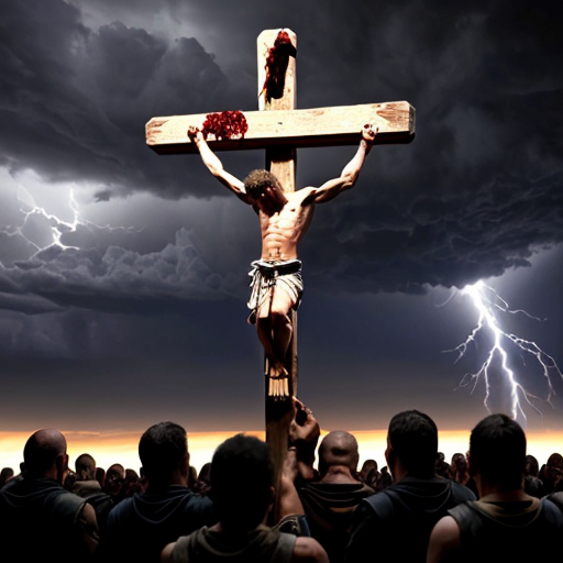 A dramatic biblical scene of Jesus Christ hanging on the cross on a hill called Golgotha, wearing a crown of thorns, blood on his body, suffering expression on his face. An angry crowd around him throwing stones, some people shouting, Roman soldiers standing with spears and armor watching. Dark stormy sky, lightning in the background, emotional atmosphere, cinematic lighting, ultra realistic, highly detailed, 8k, historical biblical painting style.