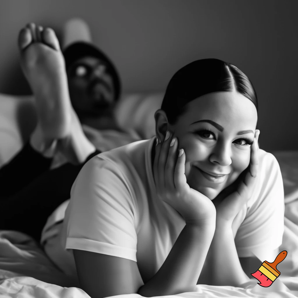 Black and white image of Mariah Carey with a brown sleek middle part low back bun wearing a white t shirt laying down on her stomach in bed with her 2 feet up 2 hands on her cheeks smiling and Nick Cannon is in the background chilling