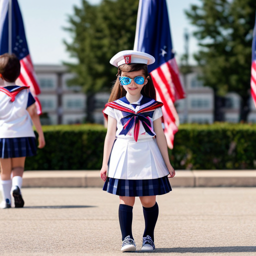 Cute adorable niña Chilindrina glasses con hair lazo con verano sailor uniforme escolar con zapatos negros escolar con calcetines blancos con sombrero sailor con grupal con caminar con desfile Estados Unidos América bandera con ciudad 13