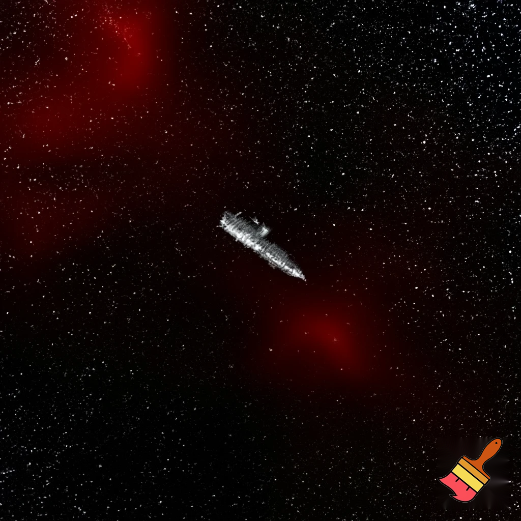 spaceship, seen from afar, crossing space full of red and white stars