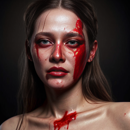 creepy woman with blood on right side of face
