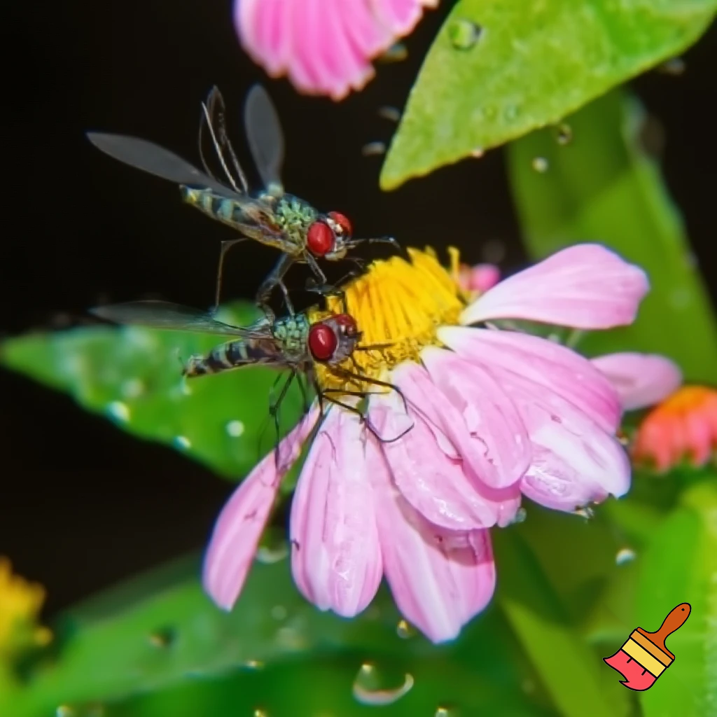 flowers with dragon flies and raindrops