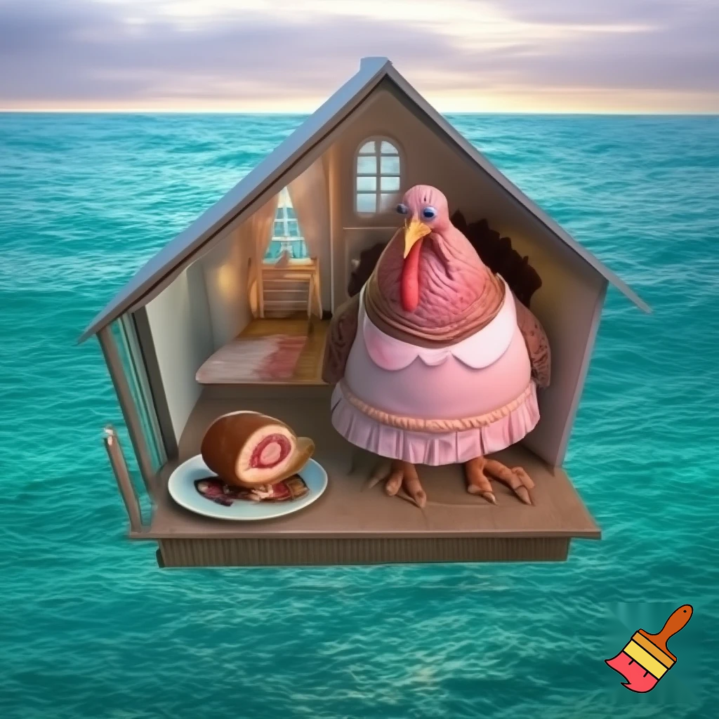 make me a turkey in a pink dress eating stufed turkey in a house of thye middle of the sea
