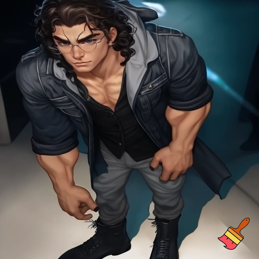 A tall, skinny, lean man with tan skin and v-tapered masculine physique, moderate muscle and prominent bone definition a heart shaped face with well defined structure, black bushy but shaped eyebrows, long lashes and coffee black 3C hair and irises wearing a black denim field coat with a grey hood attached, slim rectangular glasses with a silver glasses chain, and a black henley buttoned shirt slightly undone, black nails, sleeves rolled up the elbows, denim grey jeans and black leather combat boots 