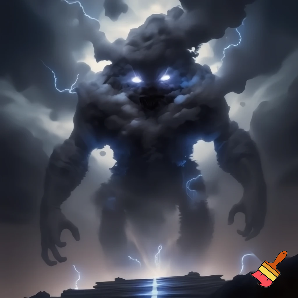 A dark storm-creature with a cloudy, smoky body made of compressed thunderclouds, with glowing white eyes and small electric sparks moving under the surface. His form looks semi-solid, like dense fog shaped into a humanoid figure. Little blue lightning snaps under his feet when he walks. He looks brave but slightly unstable, with wisps of cloud drifting off his shoulders and arms. The vibe is mystical, powerful and atmospheric.