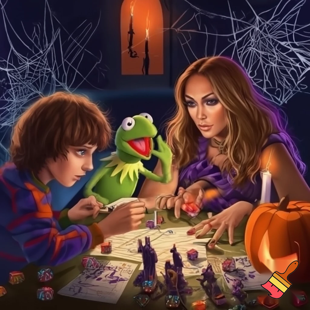 Dustin and Eddie munson with Kermit the frog and jlo are playing dungoens and dragons on halloween


