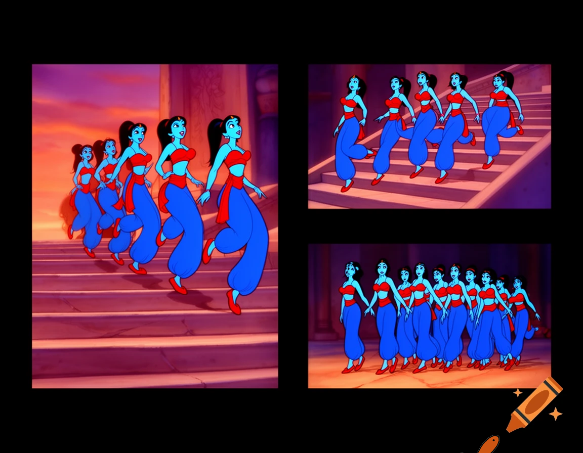 90's disney's 2d aladdin style comic black background and panels of  panel 1 a line black haired ponytail women with blue skin,blue harem pants red bra and red sash red curved slippers are marching down the stairs. 
Panel 2 then the line of black haired ponytail  women with blue skin,blue harem pants red bra and red sash and red curved slippers shake their hips left and right on the stairs in sync. 
Panel 3 then the line of black haired ponytail  women with blue skin,blue harem pants red bra and red sash and red slippers returns to marching down the stairs.