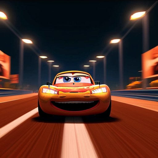 He racing speeding in piston cup dinoco 400 from cars 2006 in night scene stay in character model please 