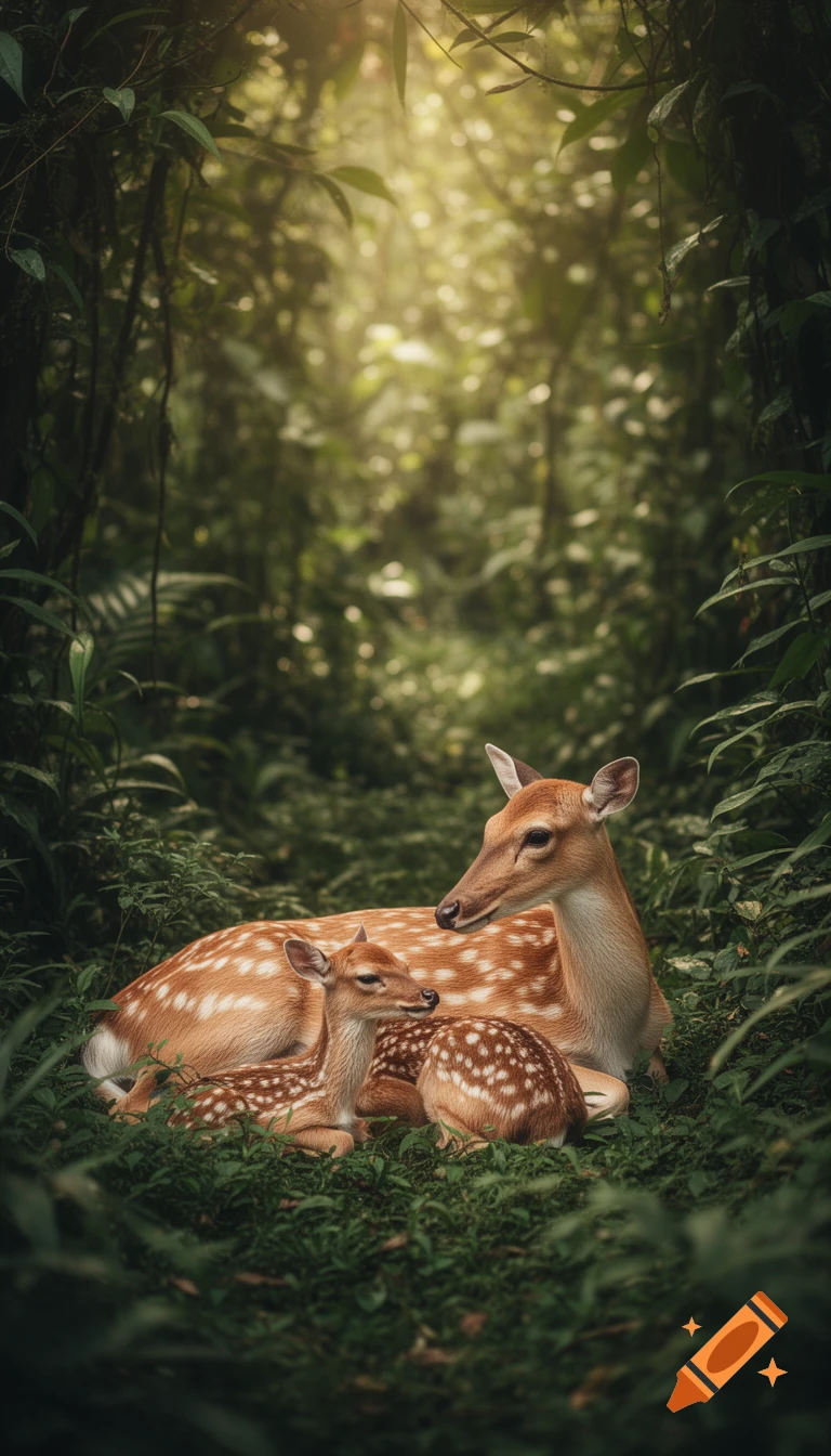 Inside a dense bush in the jungle, a mother deer is lying down an fee milk to her two baby deer. One baby deer is slightly bigger (Bada Doodh) and the other is smaller (Chhota Doodh). Both baby deer are lying close together and drinking milk peacefully. The mood is calm and innocent. Soft sunlight filtering through leaves, realistic jungle, detailed fur texture, vertical 9:16, cinematic realism.