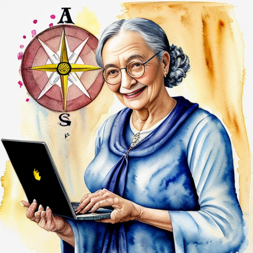 female wizard, laptop, monocle, compass, smiling, old

