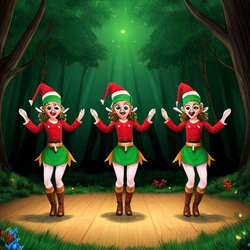 Create five elves singing and dancing in the middle of the forest