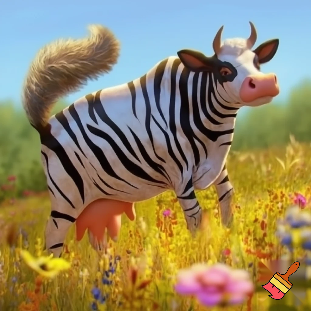 cow with zebra stripes and dog tail

