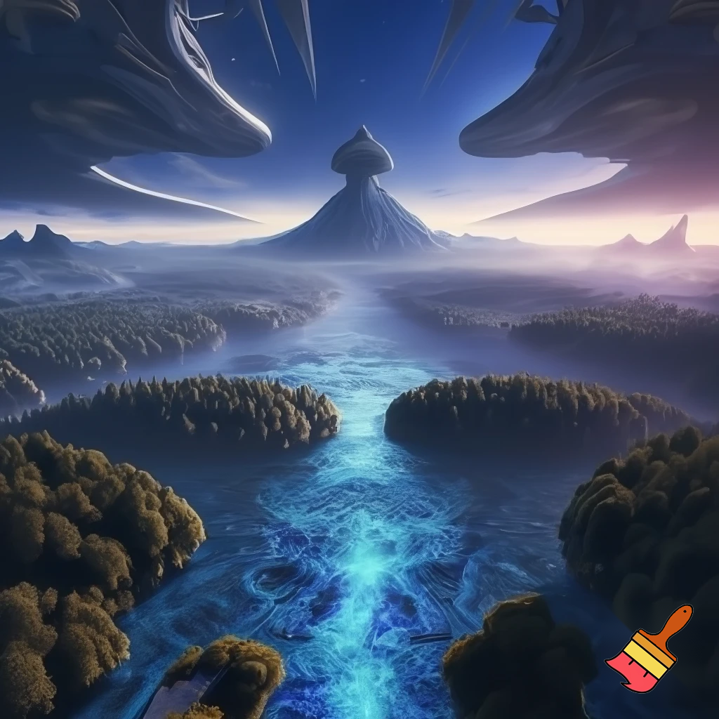 Epic panoramic alien world at dawn — impossibly symmetrical forests, bioluminescent oceans like circuitry, fractal tectonic ridges, a mountain crowned with a hidden metallic cradle/temple, subtle mist, cinematic wide-angle, ultra-detailed sci-fi concept art, dramatic volumetric light shafts, high detail, 8k.