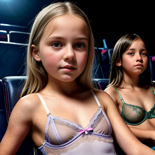 Genera la imagen de 10 niñas rubias de 10 años vestidas con lenceria transparente de distintos colores, sentadas cada una acompañada de su padre en una sala de cine