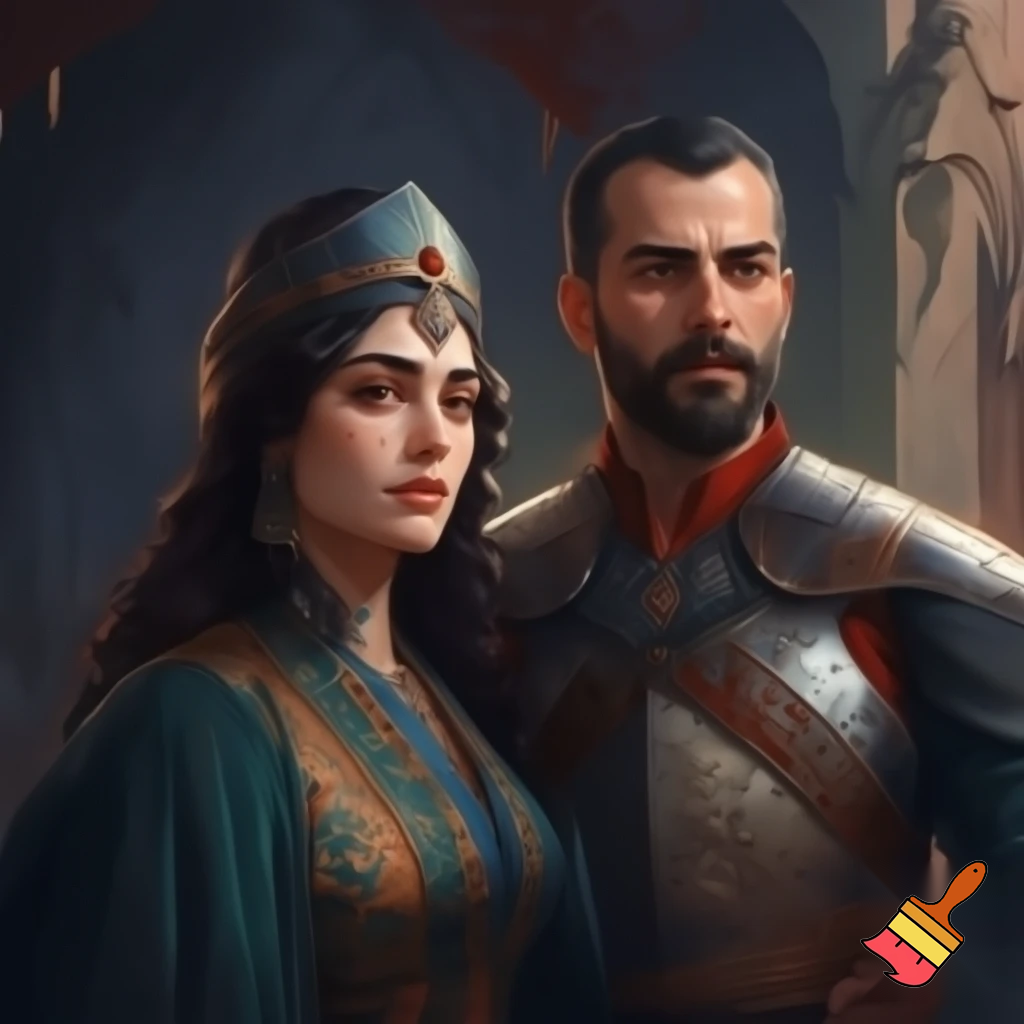  esra bilgic  as halime sultan and Ekin koc as ahmed sencer
 standing together
