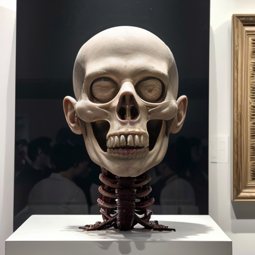 A high-resolution, detailed photograph capturing a complex, visceral biomechanical sculpture and human subject within a contemporary art gallery setting. The central figure is a large, elaborate sculpture constructed from exposed anatomical textures, deep red meat, bone, and intricate wiring, featuring multiple multi-jointed human heads and torsos with agape, screaming mouths, suspended and framed by white PVC piping and supports. The sculpture rests on a distressed white plinth with wheels. Standing next to it is a underground humanoid cannibal another sculpture covered in a white cloth is visible. The gallery walls are mint green, and a large, framed classical painting is on the wall behind the sculpture. The scene has even, diffused lighting that highlights every extreme detail and texture, making the gore and materials look palpably real."