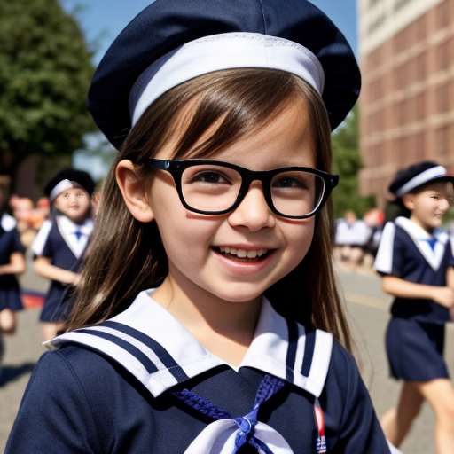 Cute adorable niña Chilindrina glasses con hair lazo con verano sailor uniforme escolar con zapatos negros escolar con calcetines blancos con sombrero sailor con grupal con caminar con desfile Estados Unidos América bandera con ciudad 10