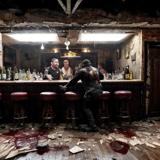 a dimly lit, smoke-choked dive bar plunged into chaos as rotting, Fulci-style zombies burst through the shattered front door and windows. Their decayed faces glisten with wet, stringy gore, eyeballs milky-white or dangling from sockets, as they lurch forward with grotesque hunger. A bartender’s head is halfway torn off, arterial spray arcing across the neon beer signs, while a patron screams mid-bite, intestines spilling from a zombie’s fist like wet rope. Glass shards and broken stools litter the sticky floor, now slick with blood and spilled liquor. One zombie’s jaw hangs by a tendon, its teeth buried in a biker’s neck as he futilely tries to shove it off, his fingers sinking into its putrid flesh. The lighting—sickly green and flickering—casts everything in a nightmarish glow, amplifying the visceral horror of entrails, shattered teeth, and the gleam of exposed bone
