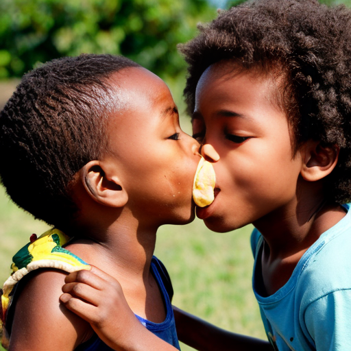 An african kid French kissing a friend chicken