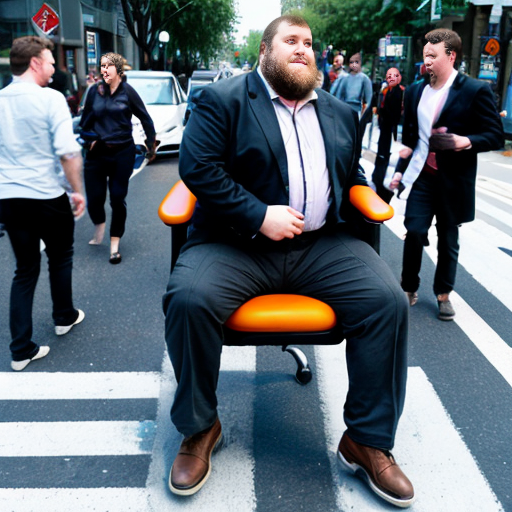 a large but not fat guy in an office chair. One leg is broken and extended horizontally into the seat of another office chair. The guy is sitting on a flat board that holds his leg between the two chairs. Each chair is being pushed by a friend. The group is crossing a crosswalk amidst busy city traffic.
