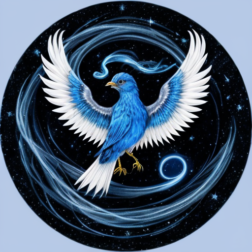 a magical spirit blue bird phoenix glowing and slightly transparent like smoke with a black starry night sky  